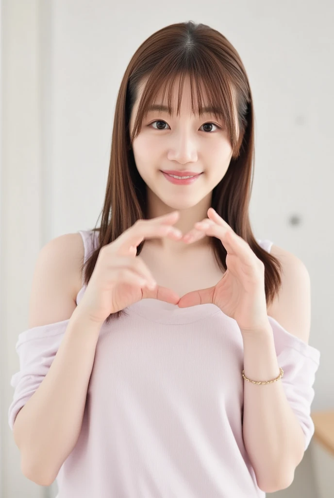 A smiling woman poses alone wearing off-the-shoulder pajamas in pastel colors that convey warmth simply by touching them softly and softly, making a firm, large heart shape with both hands, and holding them in front of her chest, View above collarbone、The background is a monotone 、
