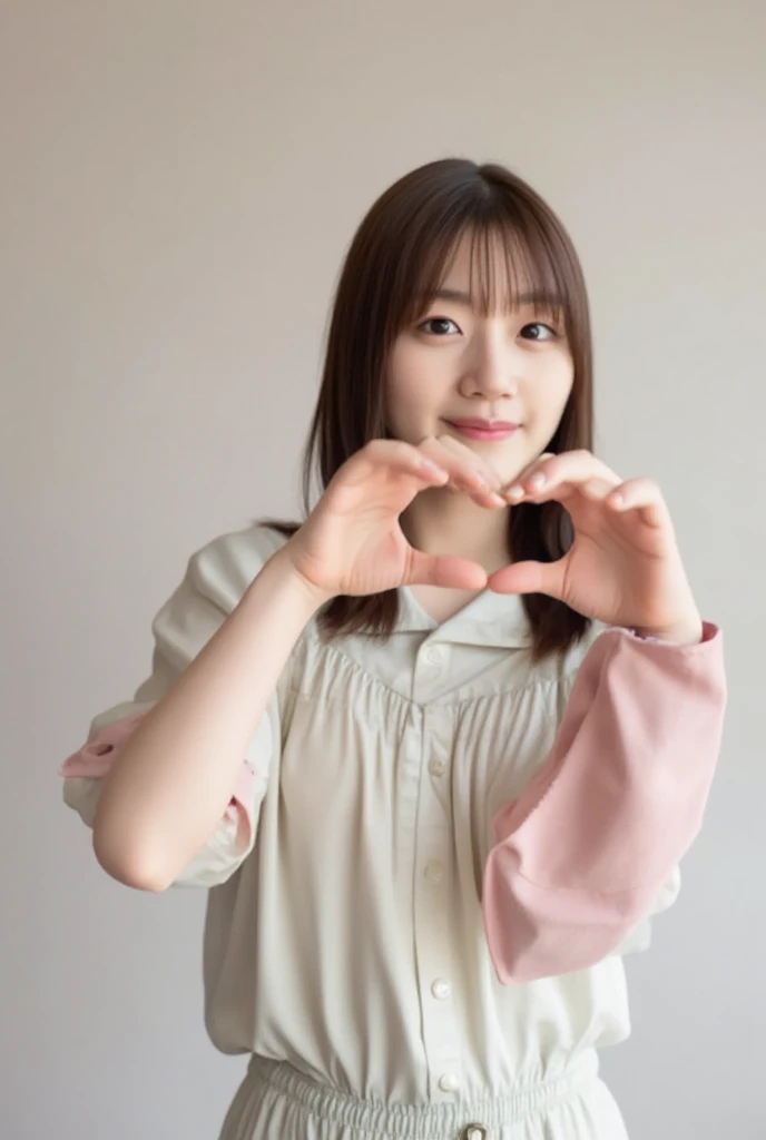 A smiling woman poses alone wearing off-the-shoulder pajamas in pastel colors that convey warmth simply by touching them softly and softly, making a firm, large heart shape with both hands, and holding them in front of her chest, View above collarbone、The background is a monotone 、
