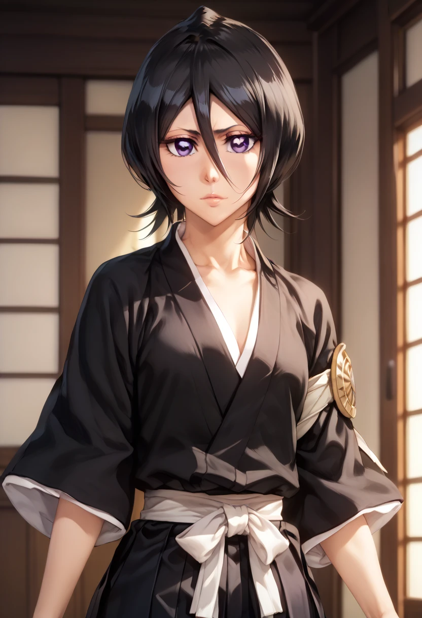 sfw, extremely detailed CG, high resolution, best quality, masterpiece, single woman, kuchiki rukia (bleach), black hair, short hair, light purple eyes, (beautiful detailed eyes: 1.4), small breasts, long legs, black kimono, white obi belt, black hakama