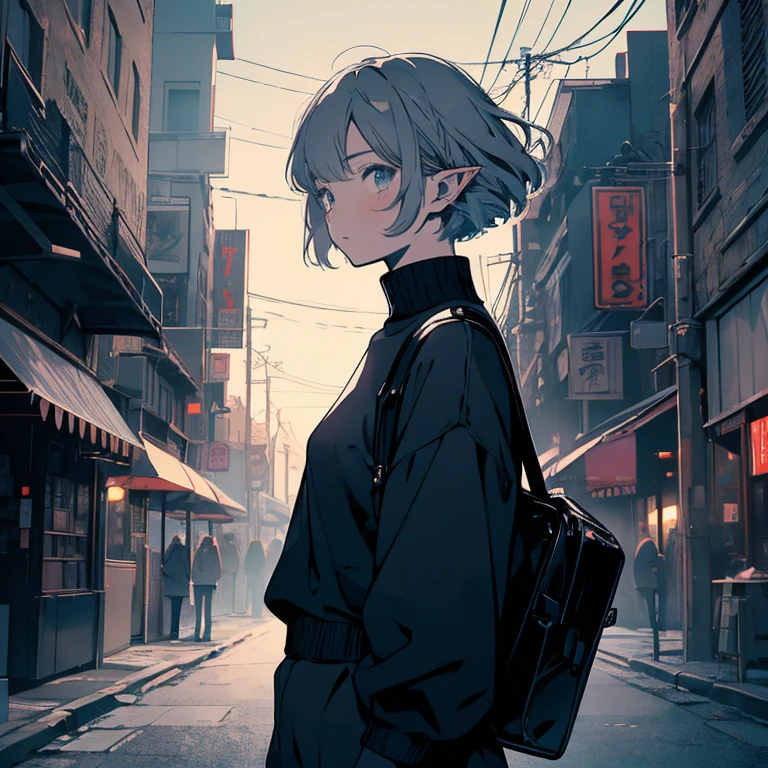   super detailed , best quality,  delicate illustration  , manga ,Pixiv Art, Animation Art , Stylish Atmosphere , cinematic atmosphere , depth of writing, manga ,Pixiv Art, best quality, beautiful detailed eyes, cinematic lighting ,gray short cut hair, Elf Ears , No Emotion, blue eyes, black turtleneck,Black jumper,pants, boots