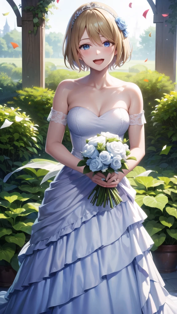 masterpiece, best quality, highres, 1girl, solo, short hair, blonde hair, blue eyes, wedding Dress, standing, garden, confetti, holding bouquet, smile, open mouth,