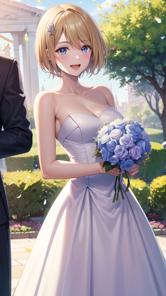 masterpiece, best quality, highres, 1girl, solo, short hair, blonde hair, blue eyes, wedding Dress, standing, garden, confetti, holding bouquet, smile, open mouth,