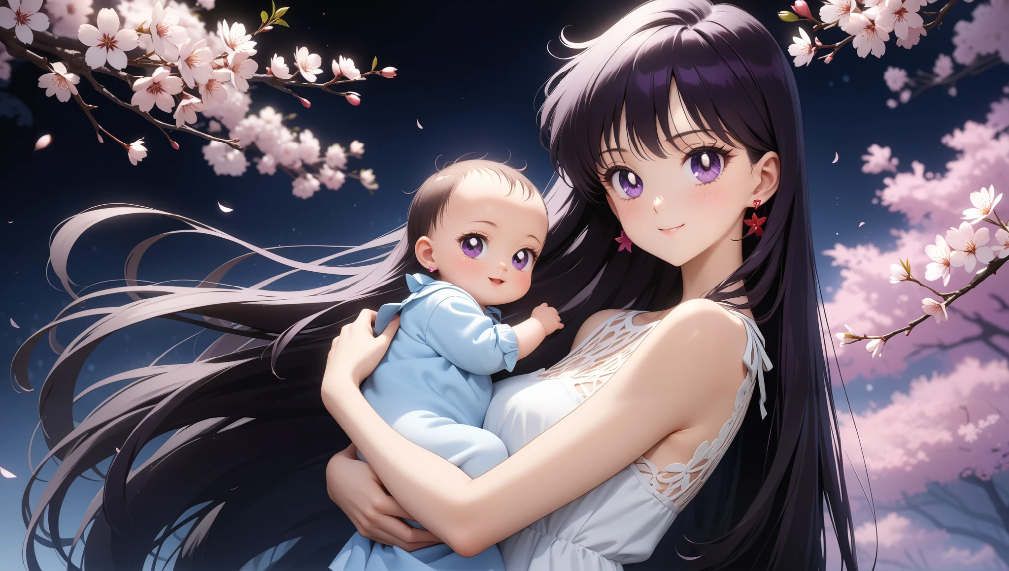 colorful, (masterpiece, best quality, very aesthetic , ultra detailed), intriguing details , 4K, long hair, black hair, hair combed to the side, earrings, purple eyes, small breast, 1girl, new born, baby, 1 girl, solo, Best quality, masterpiece, High Definition, looking at camera, white cherry blossoms, smile, detailed background, intricate details, black night, casual dress, holding baby, Smile, various shot, Высокое разрешение