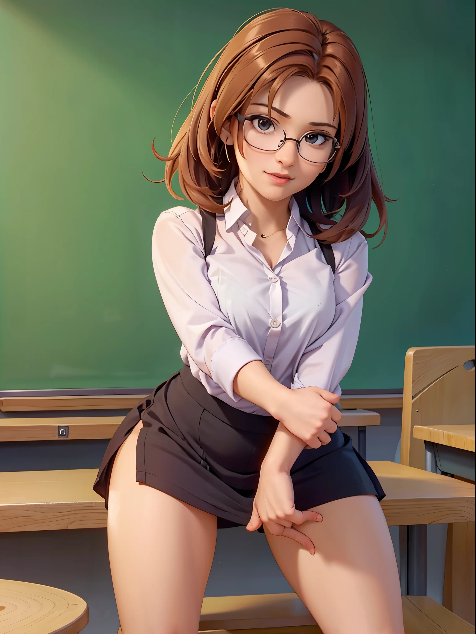 Cute young teacher standing at the blackboard, wearing a minidress and blouse, shot from below, leaning forward, bare thighs, popular teacher, high quality, 8k, warm, unbuttoned, glasses