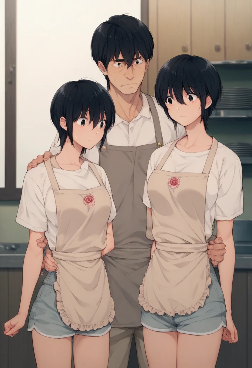 kyoko　5人男家族(Father、older brother　3 younger brothers)　家族団らん
black hair
black eyes
short hair
hair between eyes
medium breasts
short shorts
white shirt
apron