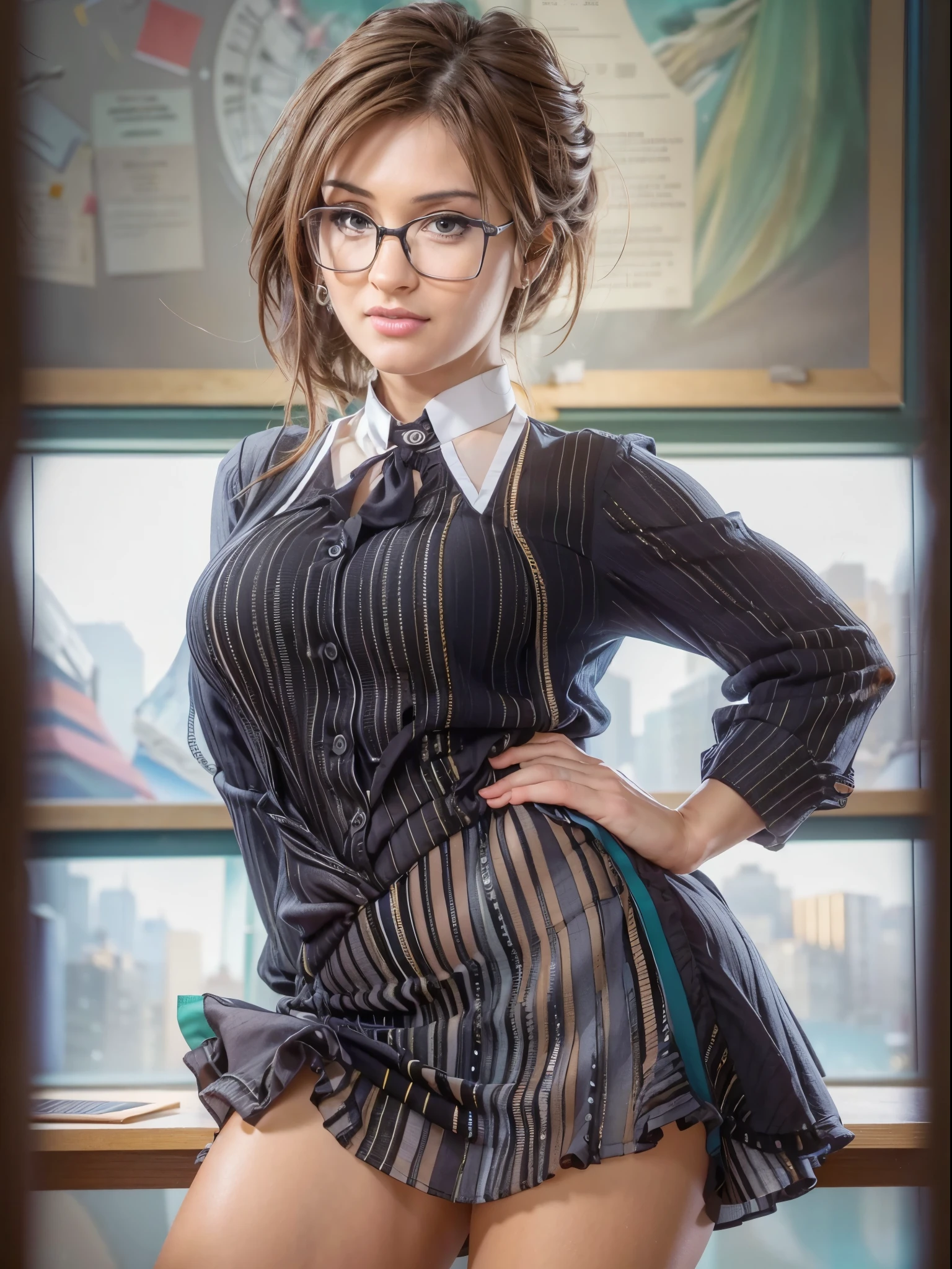 a cute young teacher standing at the blackboard, wearing a minidress and blouse, shot from below, leaning forward, bare thighs, popular teacher, (best quality,4k,8k,highres,masterpiece:1.2),ultra-detailed,(realistic,photorealistic,photo-realistic:1.37),HDR,UHD,studio lighting,ultra-fine painting,sharp focus,physically-based rendering,extreme detail description,professional,vivid colors,bokeh,warm,unbuttoned,glasses