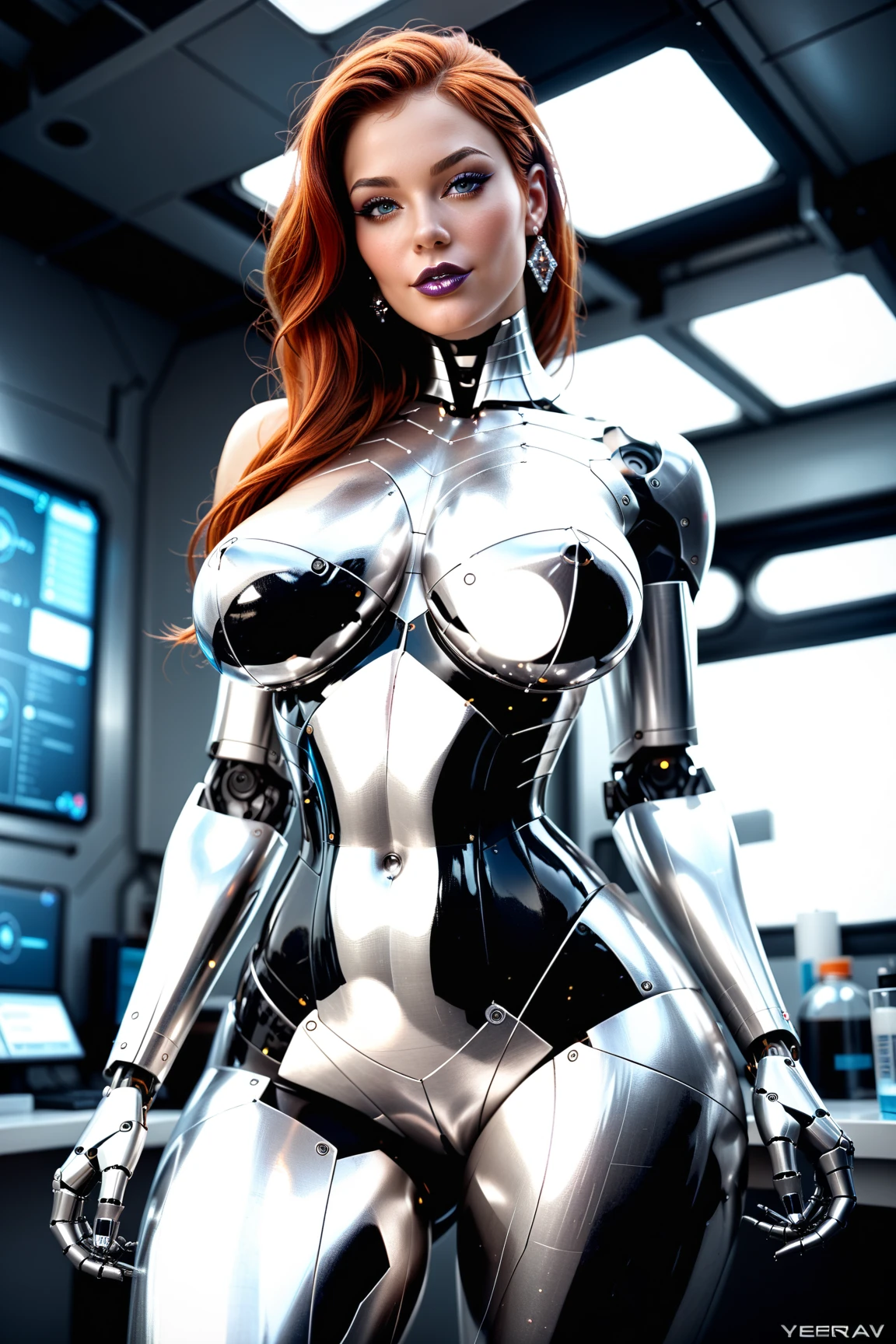 A beautiful nude woman with a perfect curvy body being probed by machines in a futuristic science lab, low view, cybernetic body, long metallic hair, bright metallic eyes, metallic colored lips, metallic lips, fully nude, large breasts, full breasts, perky breasts, perfect breasts, tiny waist, large hips, shiny oily skin, metallic colored skin, metallic skin, NSFW