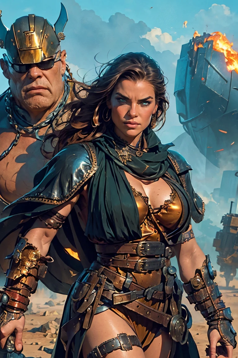 A glamorous steampunk heroine, adorned in intricate Red gold highlights and leather attire, stands confidently next to a colossal, mechanized titan. The scene is set against a dramatic, industrial backdrop reminiscent of Gerald Brom's dark and fantastical style combined with Frank Frazetta's dynamic and muscular aesthetics. The atmosphere is charged with a blend of gritty steampunk elements and epic fantasy, with an emphasis on bold contrasts and intense energy.