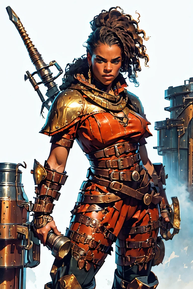 A glamorous steampunk heroine, adorned in intricate Red gold highlights and leather attire, stands confidently next to a colossal, mechanized titan. The scene is set against a dramatic, industrial backdrop reminiscent of Gerald Brom's dark and fantastical style combined with Frank Frazetta's dynamic and muscular aesthetics. The atmosphere is charged with a blend of gritty steampunk elements and epic fantasy, with an emphasis on bold contrasts and intense energy.