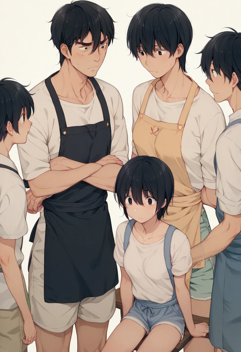 kyoko　5 men (Father、older brother　3 younger brothers)　ハラスメント
black hair　キッチンで料理をつくる
black eyes
short hair
hair between eyes
medium breasts
short shorts
white shirt
apron