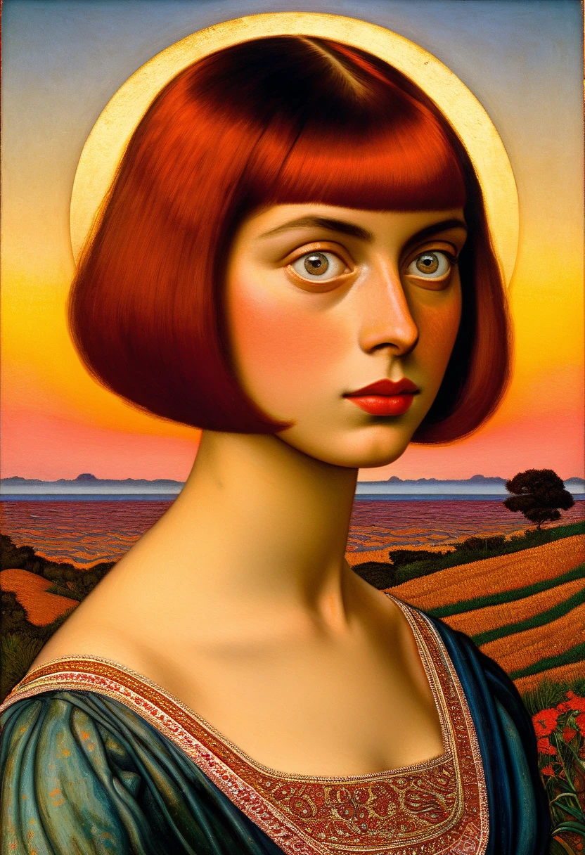 [(front portrait: pretty teen girl  with big eyes and a short red bob)((Carlos-Schwabe style)))::20]/[background:landscape
 Baroque (moonlight sunset), style Rafael Santi], naive art, primitivism, protogen, crimson/liliac, very colorful,((oil painting)),((masterpiece)),single shot
