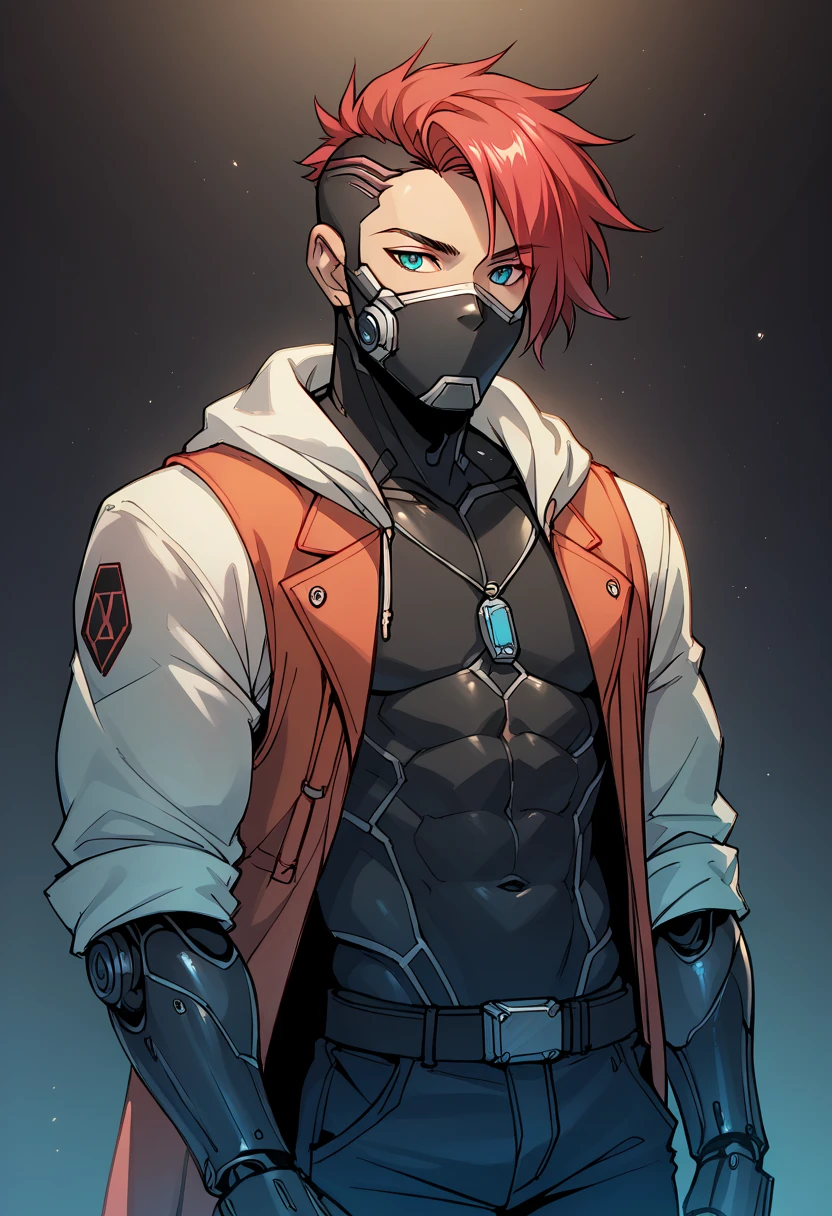 ((Sci-fi Style )),((Best Character Design)) ,human Male,((oc)) ,  solo, gás mask ,robotic_arm,Vest hoodie 