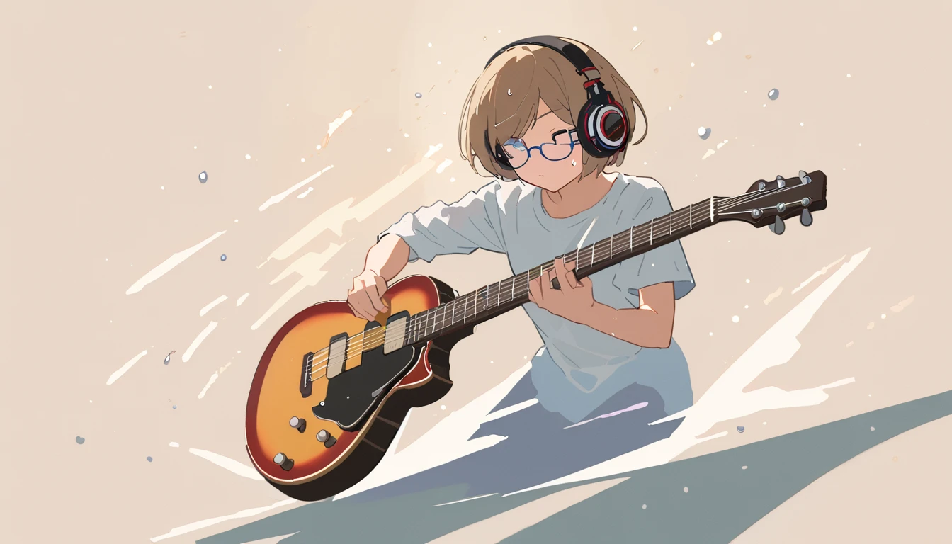 ( extremely detailed delicate touch:1.3), ((( Half Rimless Glasses :1.3))), ( headphones :1.2),  short hair,  Short Bang ,  1 girl,  shirt, whole body, Guitar playing,  songs, Swinging Hair, Drops of sweat,  spotlight , simple background, 