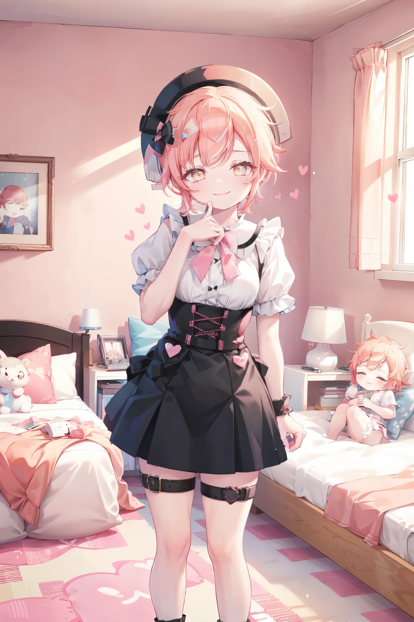 sunlight,  pastel colors ,  pastel colors , , blush, blush, thighs, pink room, happy:2.0, joyful, excited, pink room, pink wall, pink wallpaper, pillow, orange hair, yellow eyes, shy, kindergarten:2.0, aged down, nursery, pink room, bedroom, bed, sylveon:3.0, young girl:3.0, pink, Alone, bangs, blush, thick lips, heart:10.0, small breasts:50.0,  chubby:500.0, fat:160.0, ( pink kawaii room )),,((pink gothic room)),(((aroused, seductive smile, blunt bangs:100.0,  with bangs:100.0, standing, arm under breasts, The march, heart item, small window))), smiling:50.0, chubby, lose-up,, very short hair, miniskirt:20.0, platform shoes, very short skirt, thigh strap 