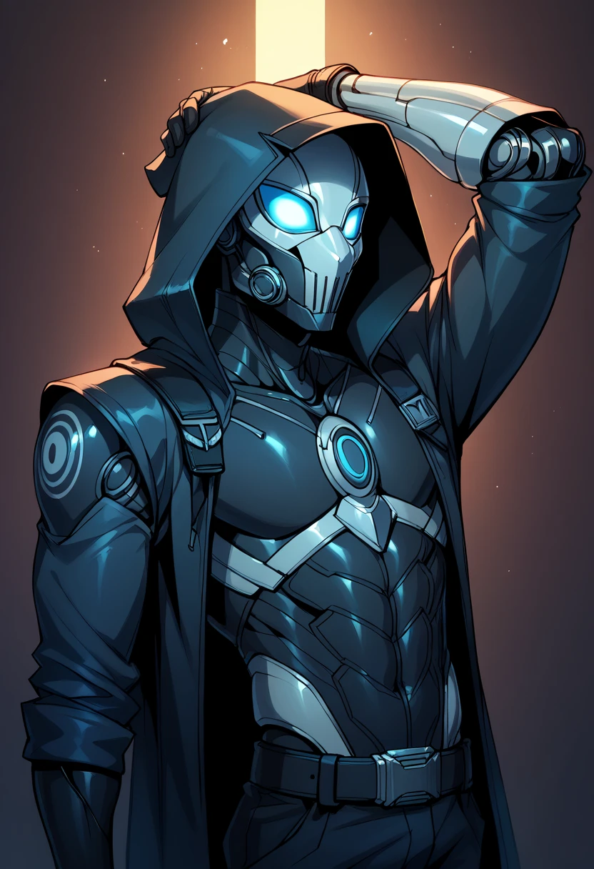 ((Sci-fi Style )),((Best Character Design)) ,human Male,((oc)) ,  solo, gás mask ,robotic_arm, UP hood 