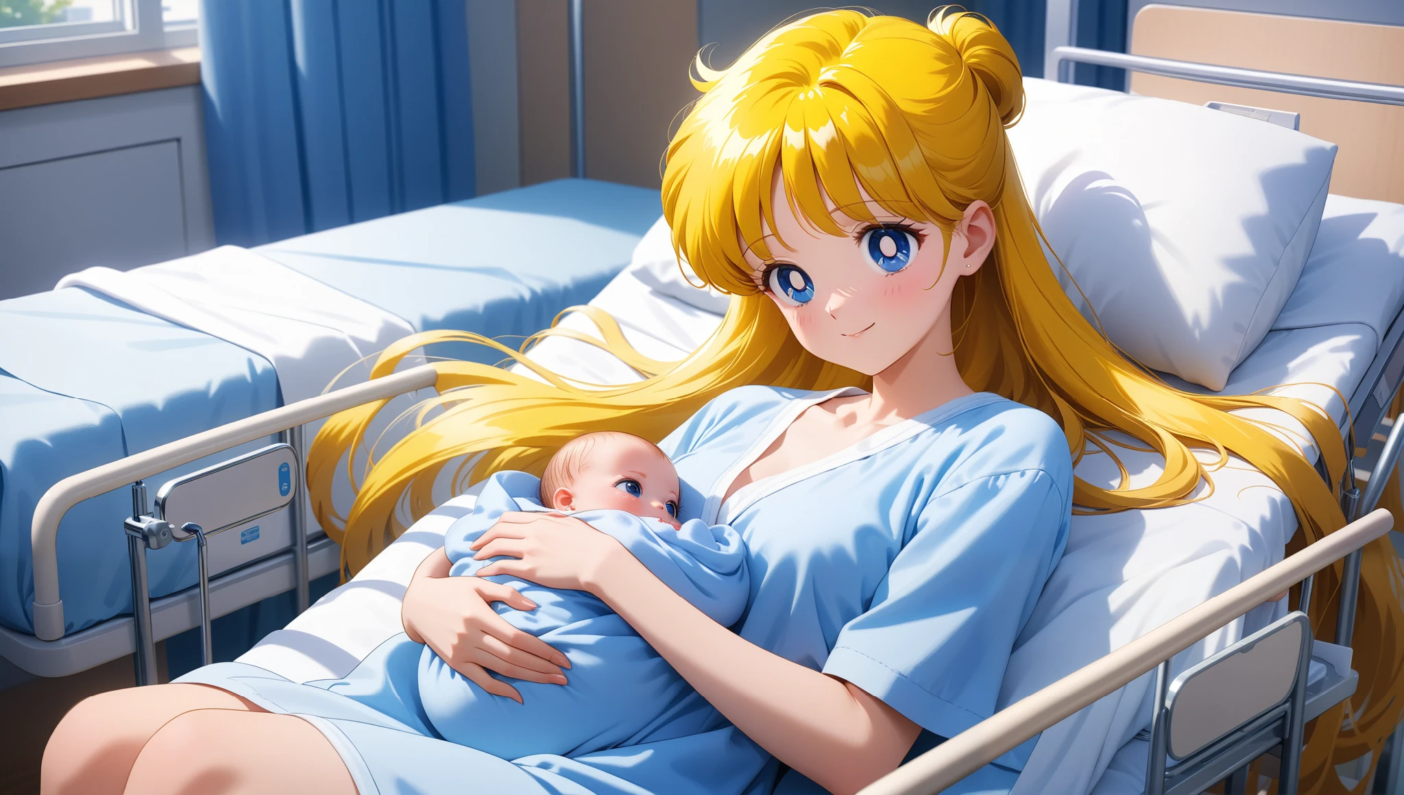 masterpiece, amazing quality, best quality, ultra-detailed, 8K, illustration, clear skin, ultra-detailed-eyes, soft skin, very awa, very as2, shiny skin, shiny hair, soft body, 90's style, official art, minako aino, blonde hair, blue eyes, hair bow, half updo, long hair, 1girl, new born, baby, 1 girl, solo, Best quality, masterpiece, High Definition, White Hospital Gown, Hospital Bed, holding baby, Smile, lies in a hospital bed.