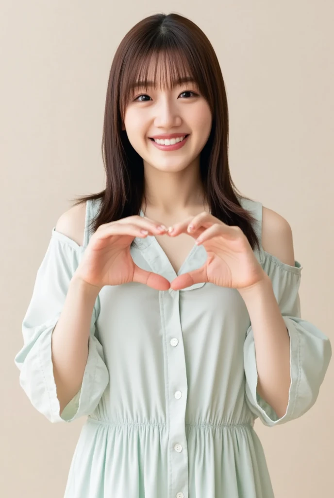 A smiling woman poses alone wearing off-the-shoulder pajamas in pastel colors that convey warmth simply by touching them softly and softly, making a firm, large heart shape with both hands, and holding them in front of her chest, View above collarbone、The background is a monotone 、
