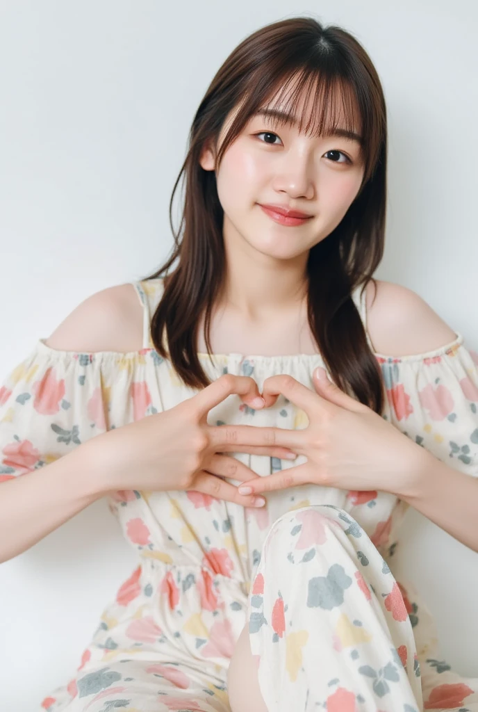 A smiling woman poses alone wearing off-the-shoulder pajamas in pastel colors that convey warmth simply by touching them softly and softly, making a firm, large heart shape with both hands, and holding them in front of her chest, View above collarbone、The background is a monotone 、
