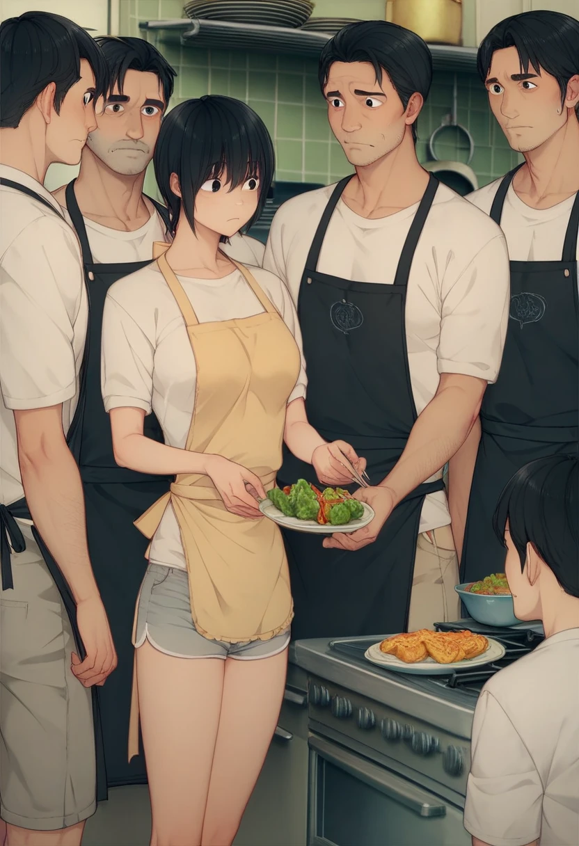 
(kyoko　black hair、　black eyes、short hair　、hair between eyesmedium breasts、short shorts、white shirt、apron)

　5 men (Father、older brother　3 younger brothers)　 harassment、Cook food in the kitchen




