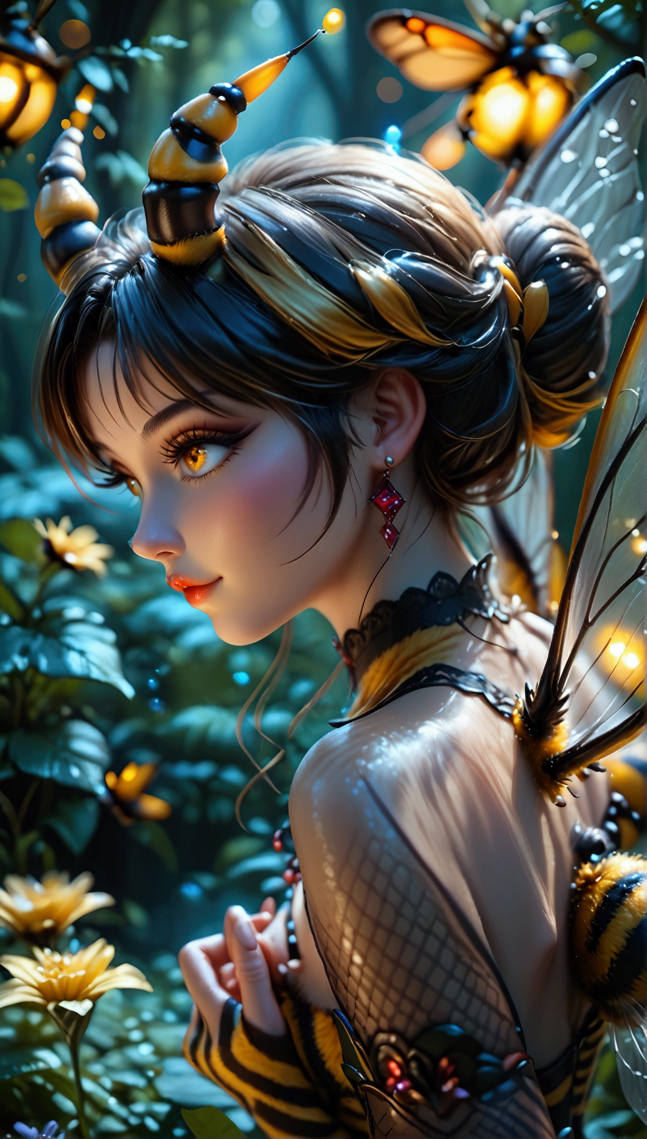 Dark night,（Jungle theme）,（leafs）,（particle effect）,isometric 3D,Rendered by Octane, Ray tracing,ultra - detailed Realistic, (Bee girl)(1girl)(gothic bee)(insect demon horns)(bee tail)(bee body, bee skin, bee legs, bee hands)(dark bee wings)(back view)(dark night)(dark forest)( bee flying on dark fantasy forest)(glowing flowers)(wide view)(perfect hand)(expressive eyes)(perfect face)((Masterpiece))((best quality))(Score_9, score_8, score_7_up)(8k)(anatomy correct)(perfect anatomy)(ultra details)