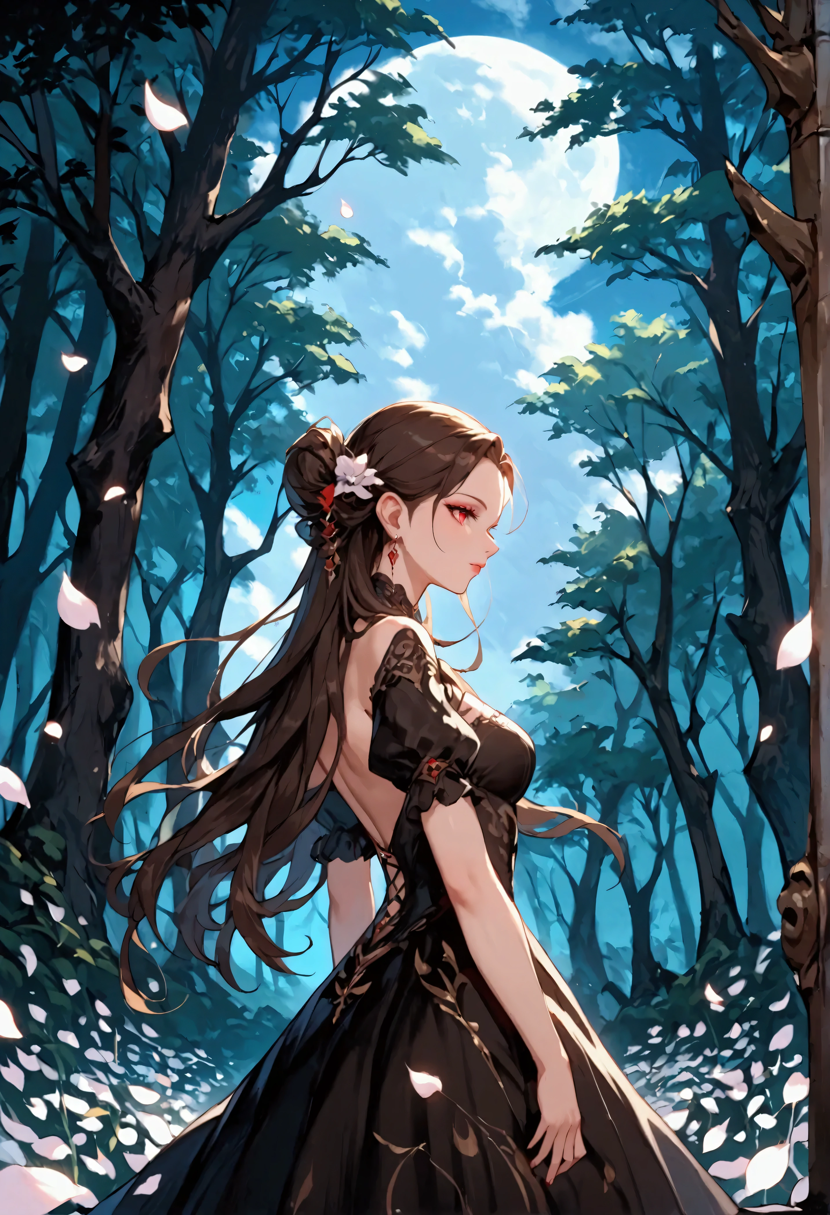 score_9, score_8_up, score_7_up, score_6_up, score_5_up, score_4_up, anime comic illustration fantasy art, ( cloud of white petals: 1.5) falling from the sky on a beautiful female vampire standing in forest, cloud of white petals swirling around the vampire, full body, beautiful vampire, long black hair, wearing black dress, epic flowing (white petals: 1.3), swirling white petals, fantasy forest background, it is night the moon rays reflect on the petals, ((high contrast: 1.5), [[anatomically correct]], high details, best quality, 8k, [ultra detailed], masterpiece, best quality, (extremely detailed), dynamic angle, intricate details, made from petals