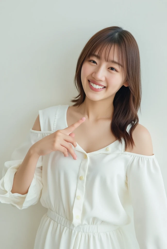 A smiling woman poses alone wearing off-the-shoulder pajamas in pastel colors that convey warmth simply by touching them softly and softly, making a firm, large heart shape with both hands, and holding them in front of her chest, View above collarbone、The background is a monotone 、
