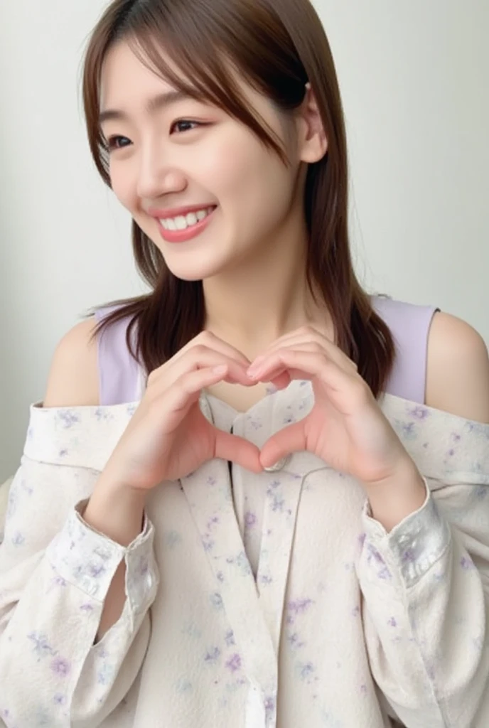 A smiling woman poses alone wearing off-the-shoulder pajamas in pastel colors that convey warmth simply by touching them softly and softly, making a firm, large heart shape with both hands, and holding them in front of her chest, View above collarbone、The background is a monotone 、
