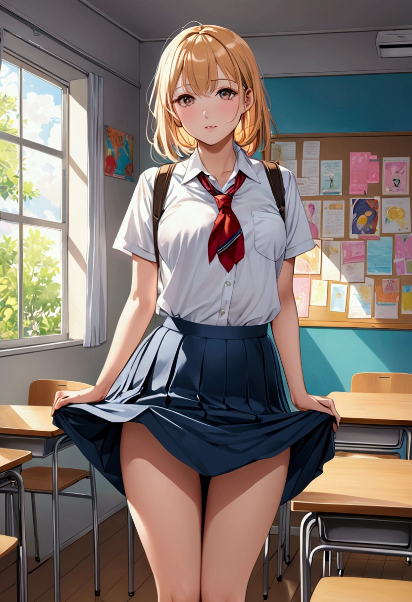 High resolution, Beautiful woman,***********************，With a young body，Brat， Attention to detail, Good lighting, Obscene, conversion, ((White button-up shirt)), ((Red mini skirt)), Bare thighs, Bare arms, (((Be incontinent))), (Pee), Peeの染み, (puddle), Thick thighs, Nice long legs, lipstick, Detailed face, Cute Face, Embarrassed and blushing face, Humiliated, ((classroom、on the desk、Yankee sitting)), (Squat), (Rear View),Stick your butt out