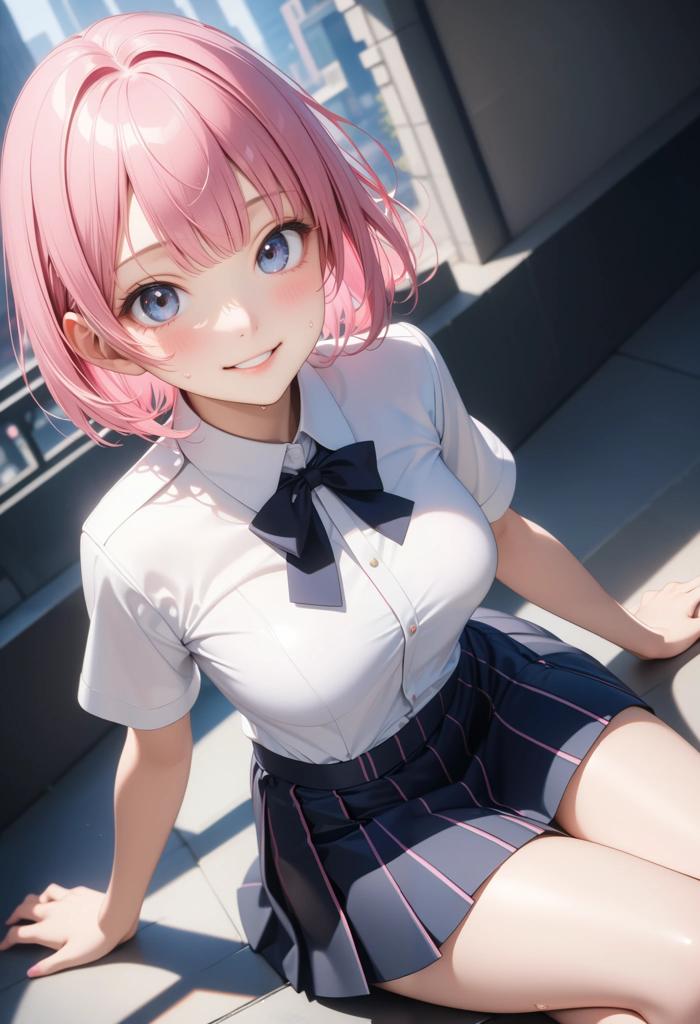 masterpiece, best quality, highly detailed,{{1girl}}, short hair, outdoors, pink_hair, {{facing viewer}}, parted lips, looking at viewer,school uniform,partially unbuttoned, realistic, real world location, {plunging neckline} looking at viewer, smile, hand in own hair, close to viewer,
cityscape, city, building, school,