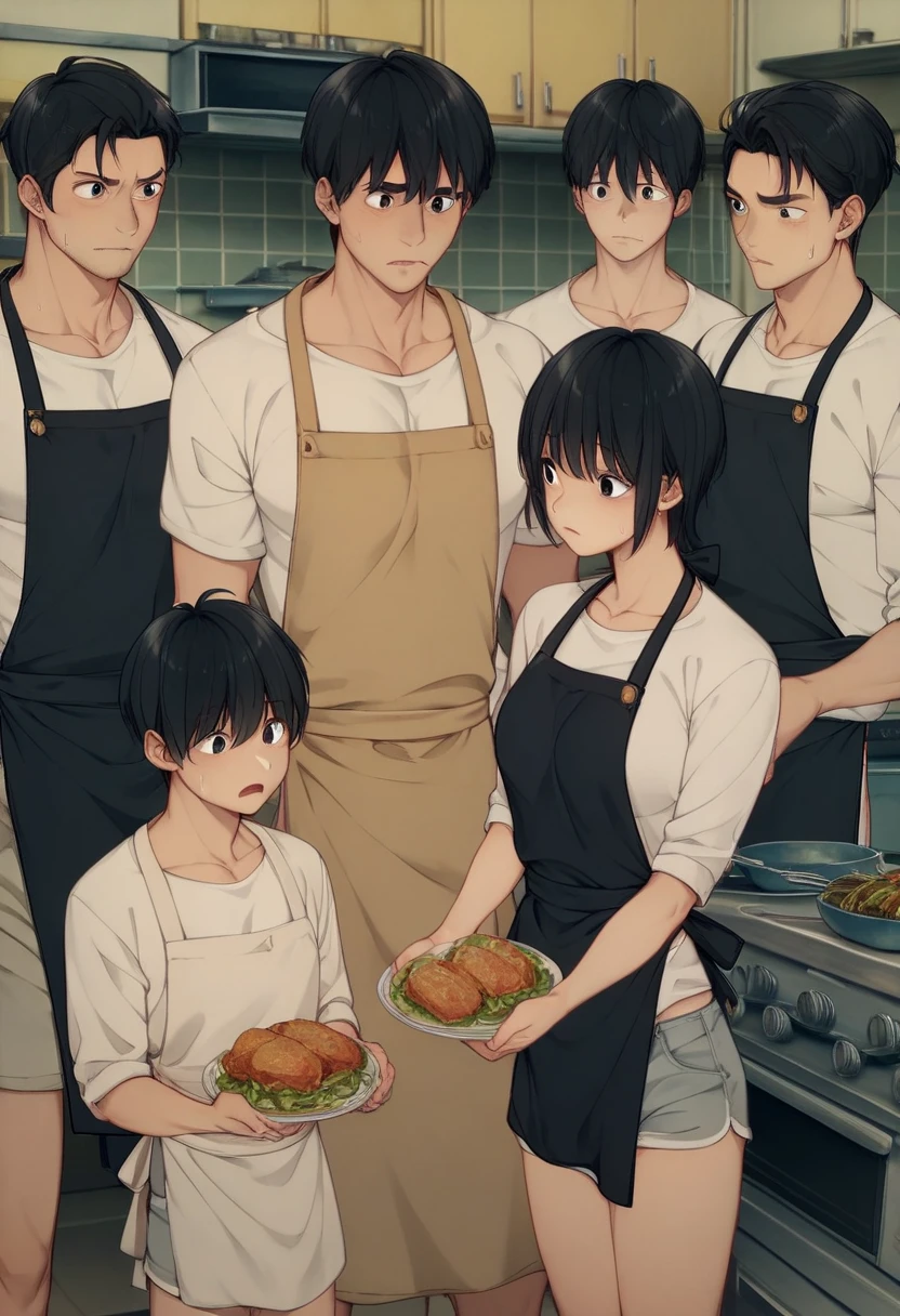 
((kyoko　black hair、　black eyes、short hair　、hair between eyesmedium breasts、short shorts、white shirt、apron))　 zitales

　5 men (Father、older brother　3 younger brothers)　 harassment、Cook food in the kitchen　A man looks at his chest




