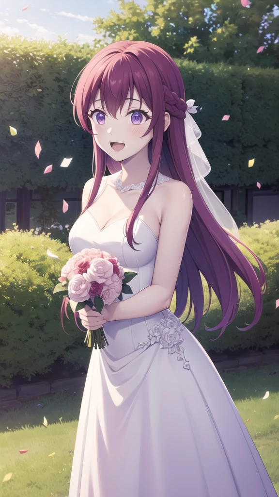 masterpiece, best quality, highres, 1girl, solo, long hair, purple hair, braid, purple eyes, wedding Dress, standing, garden, confetti, holding bouquet, smile, open mouth,