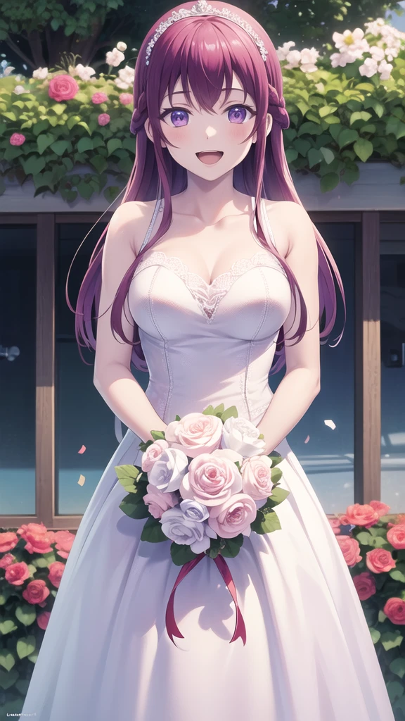 masterpiece, best quality, highres, 1girl, solo, long hair, purple hair, braid, purple eyes, wedding Dress, standing, garden, confetti, holding bouquet, smile, open mouth,