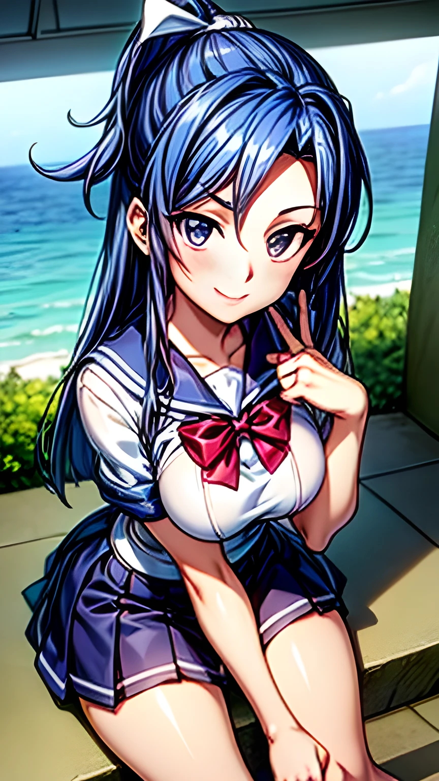 1 female,(Big Breasts),Obscene,Curvy,     Charming Anime Girl   ,  blue hair,   1 girl,  woman in sailor suit,  pleated skirt, Big Breasts, A glimpse of her thighs,  blue hair, Long straight hair,  asymmetrical bang , Perfect Proportions, High Detail Skin , wicked smile,cute,  detailed face , At the top of the stairs,  sitting ,  Low Angle Shot :1.2, (Accurate fingertips),