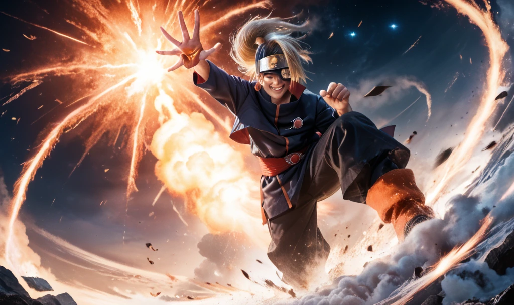 1boy, Deidara (Naruto), Naruto Shippuden, solo, full body. 

Character details: Hair over one eye, long blond hair in a ponytail, black Akatsuki headband, forehead protector, Akatsuki cloak with red cloud patterns, extra mouth on hand, evil grin, tongue out, hands on hip. Dynamic pose, standing on a large clay bird (summoned dragon/bird). 

Scene details: Hovering above a massive explosion site, while riding on a massive clay bird, colorful fire and smoke clouds rising in dramatic patterns, night sky with stars visible, cloud haze from the explosion (nuclear-like). 

The clay bird has intricate details, large wings, and a glowing energy aura around it, complementing the explosion below,

Fragments of debris and smoke swirl around the explosion, creating a sense of destruction and power,

Lighting and effects: High contrast, dynamic lighting, cinematic composition, dramatic shadows, vibrant energy. Magical aura and spell effects (colorful sparkles, star-shaped effects, glitter), motion blur, action atmosphere. 

Art style: Anime art, (photorealistic:1.39), breathtaking details, vibrant colors, 8k ultra-detailed, cinematic key lighting, watercolor textures, fine intricate lines. Dutch angle, dramatic perspective, stunning and vibrant explosion effects, unity CG wallpaper style.
