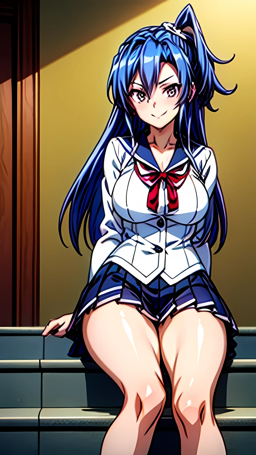 1 female,(Big Breasts),Obscene,Curvy, Charming Anime Girl , blue hair, 1 girl, woman in sailor suit, pleated skirt, Big Breasts, A glimpse of her thighs, blue hair, Long straight hair, asymmetrical bang , Perfect Proportions, High Detail Skin , wicked smile,cute, detailed face , At the top of the stairs, sitting , Low Angle Shot :1.2, (Accurate fingertips),