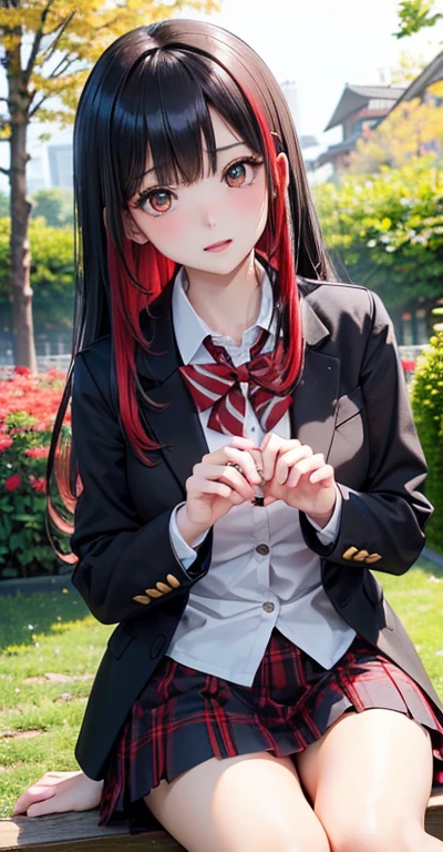 (  best quality , High image quality,8k, Inerity Detailed Background, masterpiece:1.2), beautiful girl,( shiny black and red two-tone hair :1.3),( long hair:1.2) ,beautiful red eyes,autumn, school uniform, blazer, skirt,(zettairyoiki:1.2),A gentle gaze,Refreshing look, best quality,  best quality ,Aesthetic and aesthetic:1.2,  Maximum Details (( super detailed))( High image quality CG illustration ), 細身の体 ,cute,  begging ,Beautiful thighs ,Be loved,ginkgo,garden,ginkgo並木