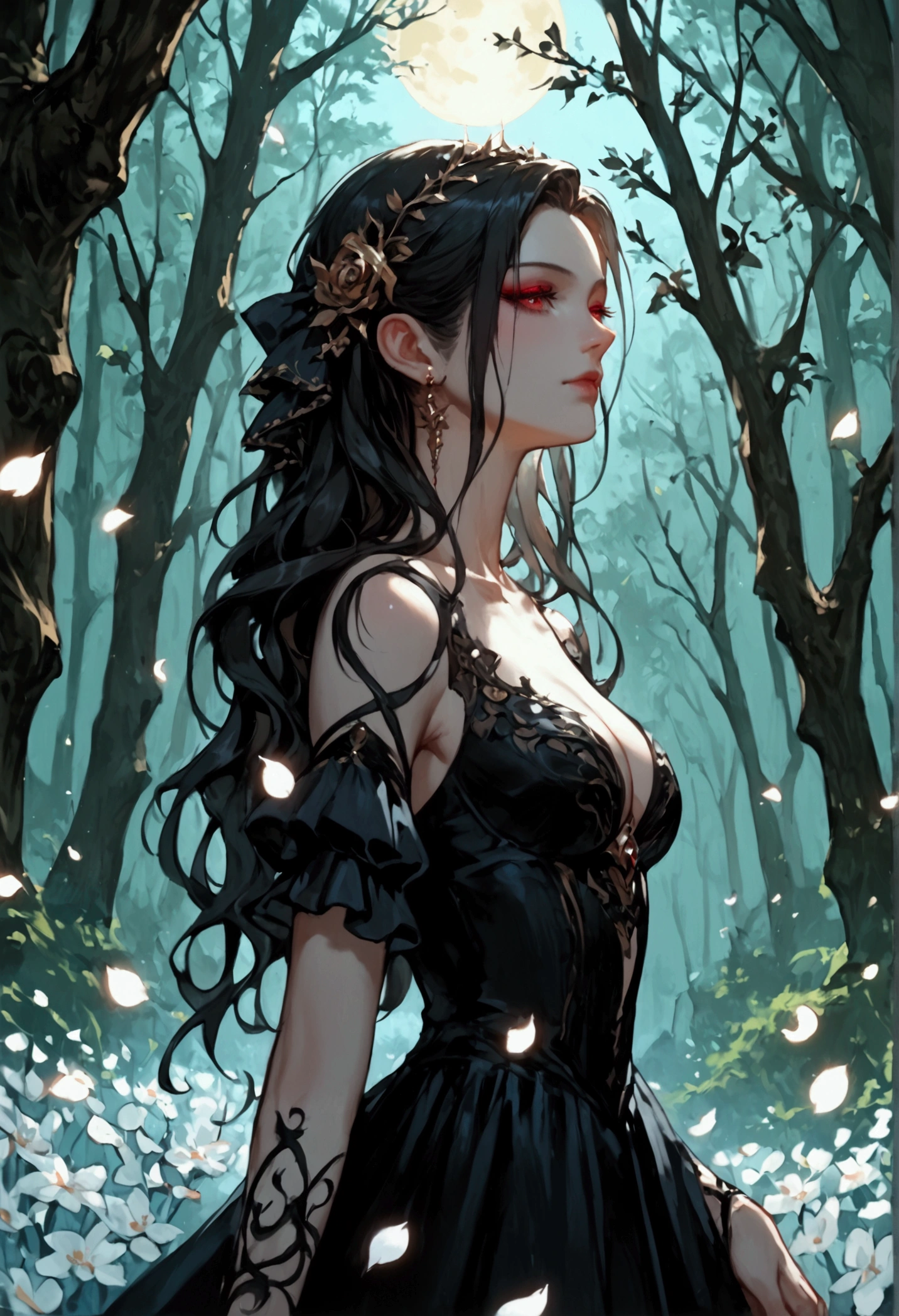 score_9, score_8_up, score_7_up, score_6_up, score_5_up, score_4_up, anime comic illustration fantasy art, ( mass of white petals: 1.5) falling from the sky on a beautiful female vampire standing in forest, cloud of white petals swirling around the vampire, full body, beautiful vampire, long black hair, wearing black dress, epic flowing (white petals: 1.3), swirling white petals, fantasy forest background, it is night the moon rays reflect on the petals, ((high contrast: 1.5), [[anatomically correct]], high details, best quality, 8k, [ultra detailed], masterpiece, best quality, (extremely detailed), dynamic angle, intricate details,