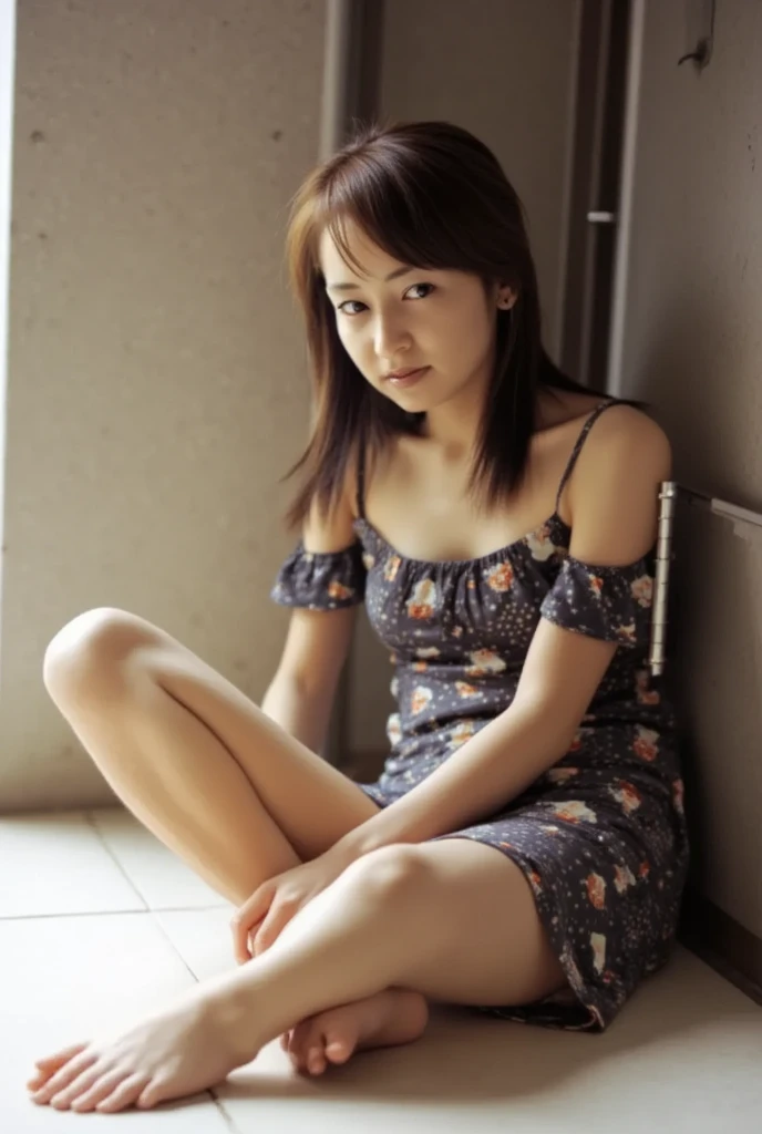  focus on full body shot 、Put on off-the-shoulder mini one-piece pajamas and pose with legs crossed with your knees bent,  and sit while staring at me ,  Slender Naked Legs  、smile、 The background is a monotone   


