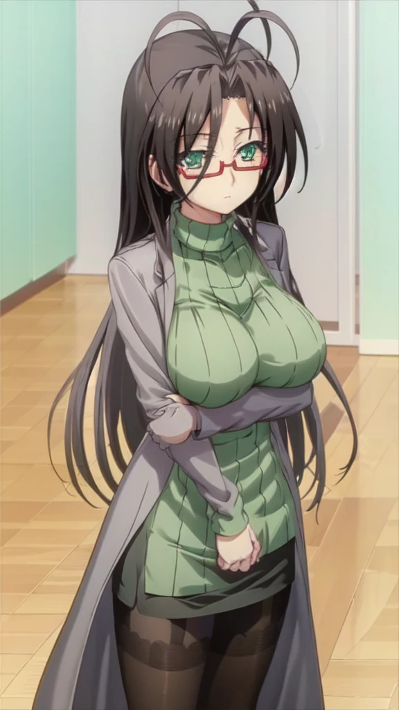  Chisato Hasegawa is a surprisingly attractive woman with long and sexy hips,  Black hair that has bangs hanging on the right side with two chokes ,  green eyes,  a mole under her left eye , Round red glasses ,  a pendant in her left ear , and a voluptuous figure. She has very big breasts,  Her outfit consists of a knitted green turtleneck sweater ,  a tight black miniskirt together with her tights with a cross garter pattern ,  and her characteristic white lab coat .   standing in the office ,  anime art style ,