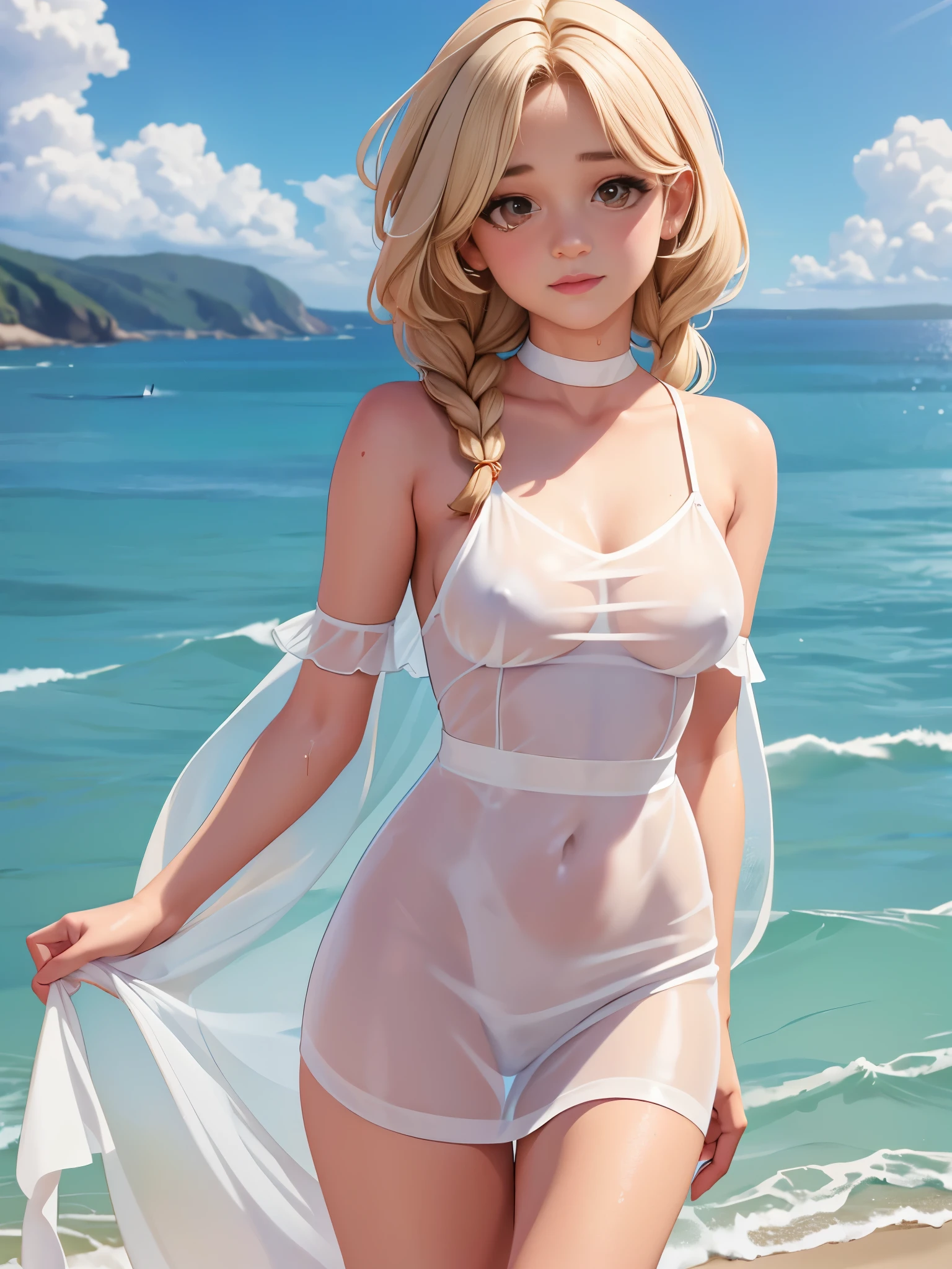 1girl,highres,  high quality,  masterpiece,  bare shoulder, brown eyes, clingy wet white dress, synthetic white see-through transparent dress, perky breasts, braid, choker, beach, julia garner