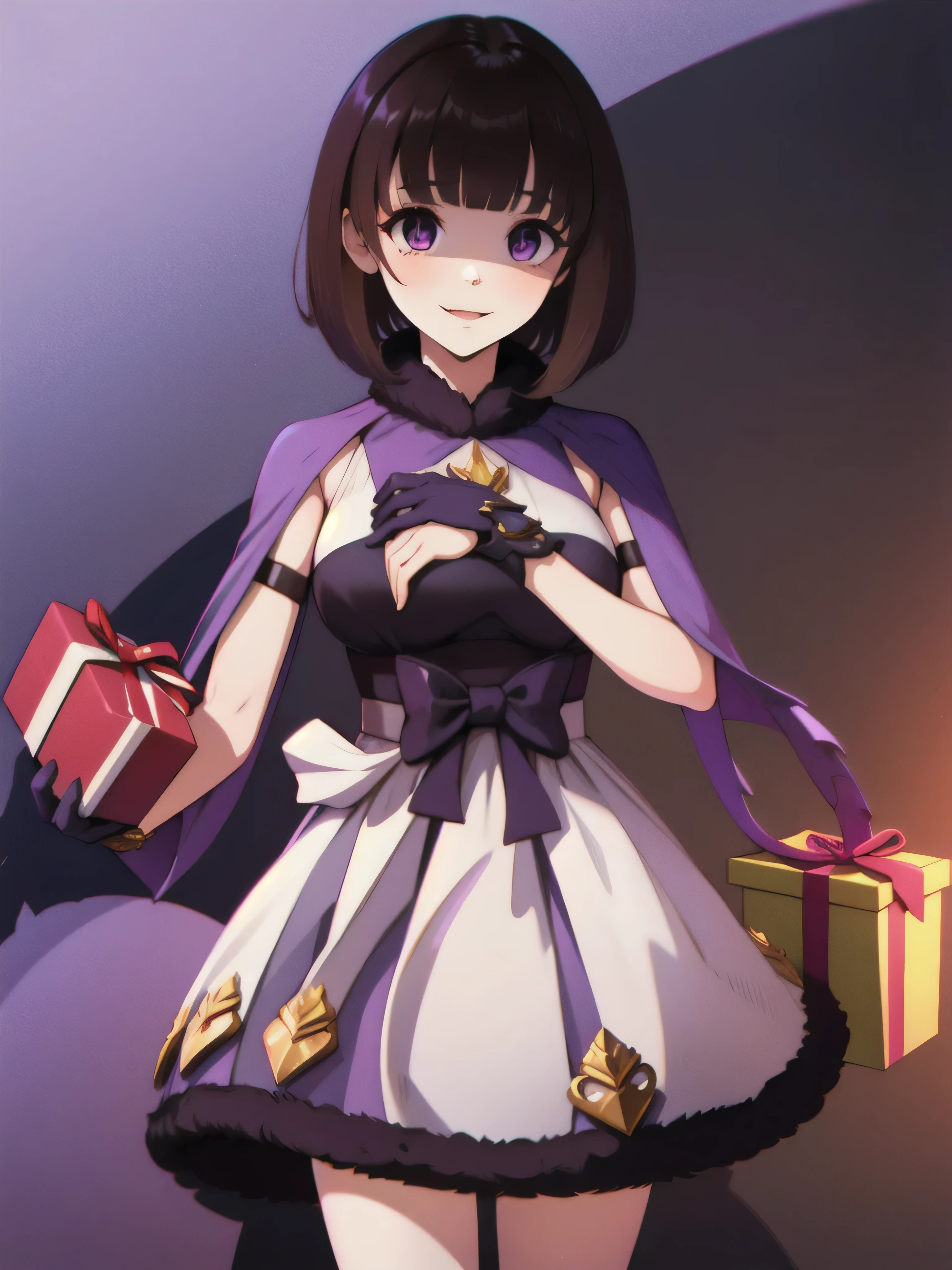 masterpiece, Highest quality, One girl, eric, Purple eyes, Brown Hair, Blunt bangs, Bobcut, Two honjiao, , bare shoulisers, Elbow hand pockets, Gauntlet, reis skirt, Fur trim, View your viewers, :is, IncrsVGift Both, incoming gift, outisoors, evil smile,shaded  face(eyes in shadow)