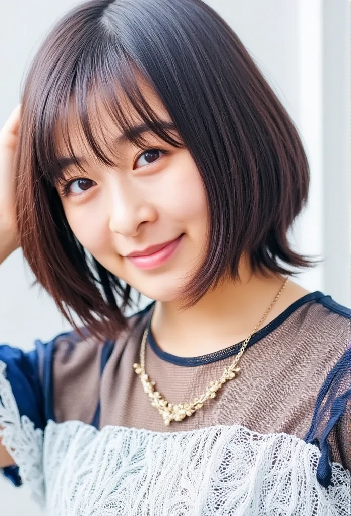 high definition 、 A transparent Japanese woman 、 Strong、、smile、 Moist and Shiny Hair 、Thin Hair、cute、 brown hair、  beautiful young woman like model 、 leaning against a wall 、 big eyes、Inverted triangle outline、The face is tilted４５every time、  straight hair、The hint is heavy 、 Hide your  、 snake 、 big eyes、 beautiful woman、 hoop gold earrings 、length,  angled bangs 、 Beautiful like a celebrity 、Trendy bob hairstyle、Low volume、Bangs up to the tip of the nose 、 beautiful young woman standing up without bangs 、Smooth surface hair、 simple chain necklace 、Stylish atmosphere、 mature bob with reduced top volume、  hair around the face falls smoothly on the face .、  natural makeup、サラサラの艶あり  straight hair、Hair is clumped together、 straight hair、Beautiful Skin、Hair is not wavy 、Blue striped ruffle shirt  