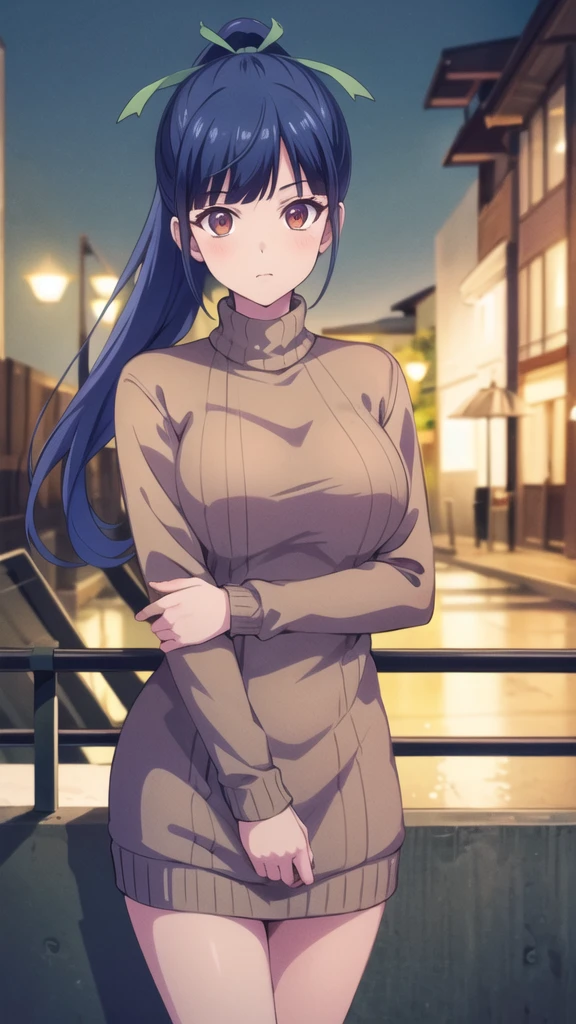 masterpiece, best quality, highres, 1girl, solo, long hair, blue hair, ponytail, hair ribbon, brown eyes, sweater dress, turtleneck, night, street, standing, cowboy shot,