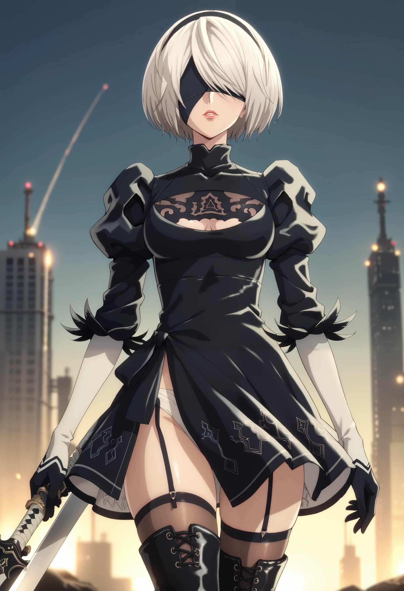 A stunning anime-style rendition of 2B (YoRHa No.2 Type B) from Nier: Automata. She is a graceful yet strong android with white hair styled in a neat bob, an elegant black blindfold covering her eyes, and a sleek black gothic-inspired battle dress adorned with intricate lace patterns. Her outfit includes thigh-high stockings and combat boots. The background is a post-apocalyptic cityscape and overgrown vegetation, highlighting her mysterious and futuristic aesthetic. The artwork captures a dramatic pose with glowing lighting effects emphasizing her confident and heroic demeanor. Detailed anime shading, with vibrant colors and high contrast, showcasing the character's unique charm