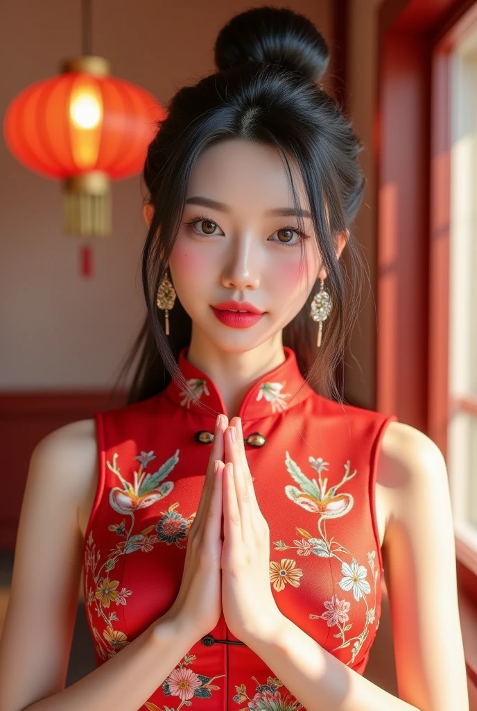 (best quality,4k,8k,highres,masterpiece:1.2),ultra-detailed,(realistic,photorealistic,photo-realistic:1.37),a  in a pink qipao,bright background,front view,praying hands,Chinese New Year,smiling widely,bright eyes,beautiful detailed eyes,beautiful detailed lips,extremely detailed eyes and face,long eyelashes,traditional Chinese hairstyle,bun hairstyle,joyful expression,cheerful,celebratory atmosphere,soft lighting,gentle smile,rosy cheeks,delicate features,smooth skin,traditional clothing,elaborate patterns,rich colors,traditional Chinese culture,modern twist,vivid colors,bokeh,HDR,UHD,sharp focus,physically-based rendering,extreme detail description,professional,portrait,photography