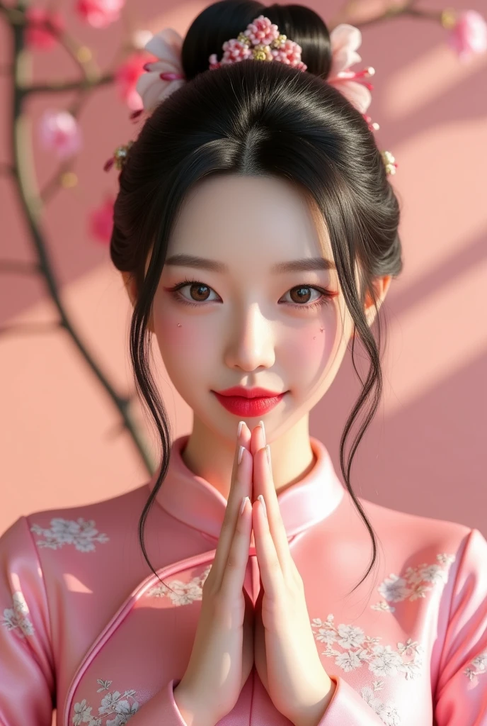 (best quality,4k,8k,highres,masterpiece:1.2),ultra-detailed,(realistic,photorealistic,photo-realistic:1.37),a  in a pink qipao,bright background,front view,praying hands,Chinese New Year,smiling widely,bright eyes,beautiful detailed eyes,beautiful detailed lips,extremely detailed eyes and face,long eyelashes,traditional Chinese hairstyle,bun hairstyle,joyful expression,cheerful,celebratory atmosphere,soft lighting,gentle smile,rosy cheeks,delicate features,smooth skin,traditional clothing,elaborate patterns,rich colors,traditional Chinese culture,modern twist,vivid colors,bokeh,HDR,UHD,sharp focus,physically-based rendering,extreme detail description,professional,portrait,photography