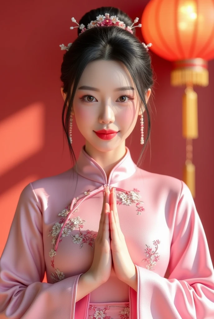 (best quality,4k,8k,highres,masterpiece:1.2),ultra-detailed,(realistic,photorealistic,photo-realistic:1.37),a  in a pink qipao,bright background,front view,praying hands,Chinese New Year,smiling widely,bright eyes,beautiful detailed eyes,beautiful detailed lips,extremely detailed eyes and face,long eyelashes,traditional Chinese hairstyle,bun hairstyle,joyful expression,cheerful,celebratory atmosphere,soft lighting,gentle smile,rosy cheeks,delicate features,smooth skin,traditional clothing,elaborate patterns,rich colors,traditional Chinese culture,modern twist,vivid colors,bokeh,HDR,UHD,sharp focus,physically-based rendering,extreme detail description,professional,portrait,photography