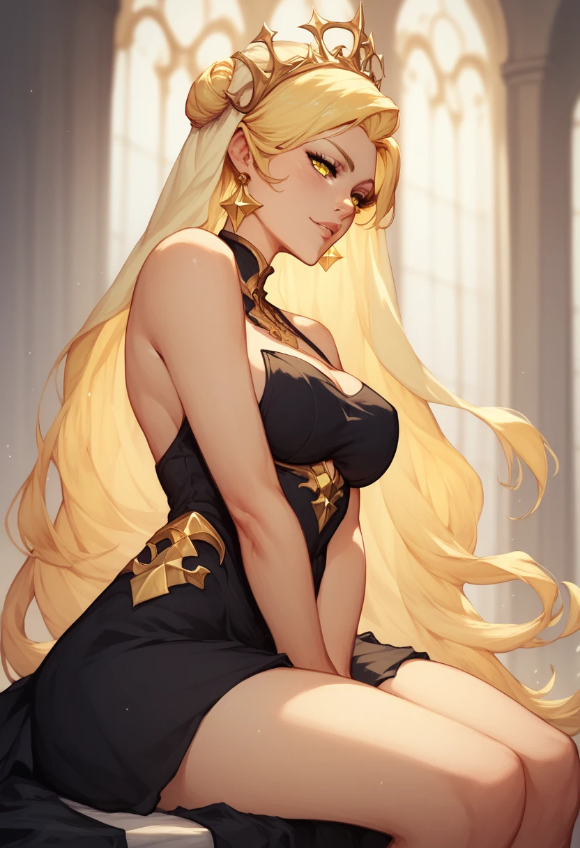 nui sociere, blonde hair, yellow eyes, black dress, breasts together with arms, sitting, hand between legs