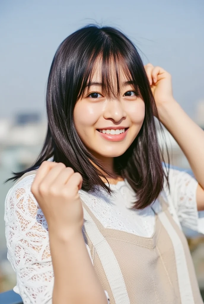   fine details,  high definition ,  High Quality 、Perfect dynamic composition,  beautiful fine eyes,  Medium Hair ,  small boobs、 natural colored lips,Kamimei、Shibuya、 20 year old girl 、1 person、 clear skin 、Shiny Hair、masterpiece, 最 High Quality ,ultra-detailed,   fine details,  high definition , 8k、 The Correct State of the Human Body 、squat、  cute pose,Disheveled Hair, beautiful legs, perfect, K-pop idol face,A face that feels pleasure,thin light brown knitted dress( Mini Skirt), Background Blurred ,Make a fist pump