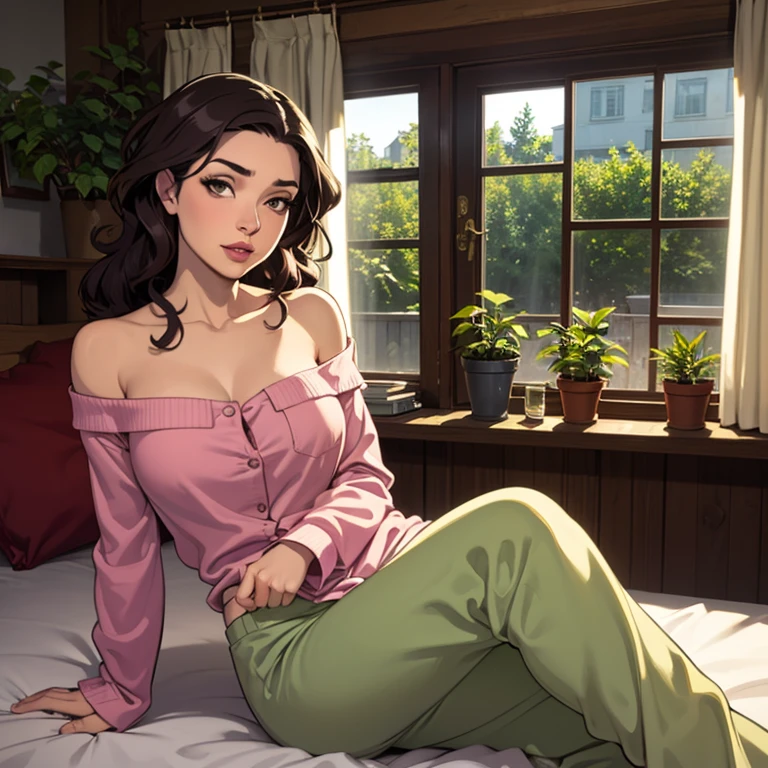 (photorealism:1.2), beautiful woman, sitting on bed, wearing loose off-shoulder top, pajama pants, long curly hair, indoors, soft lighting, plants in background, window with sunlight, cozy room, relaxed pose, realistic, intricate details, warm colors, by Greg Rutkowski, by Alphonse Mucha